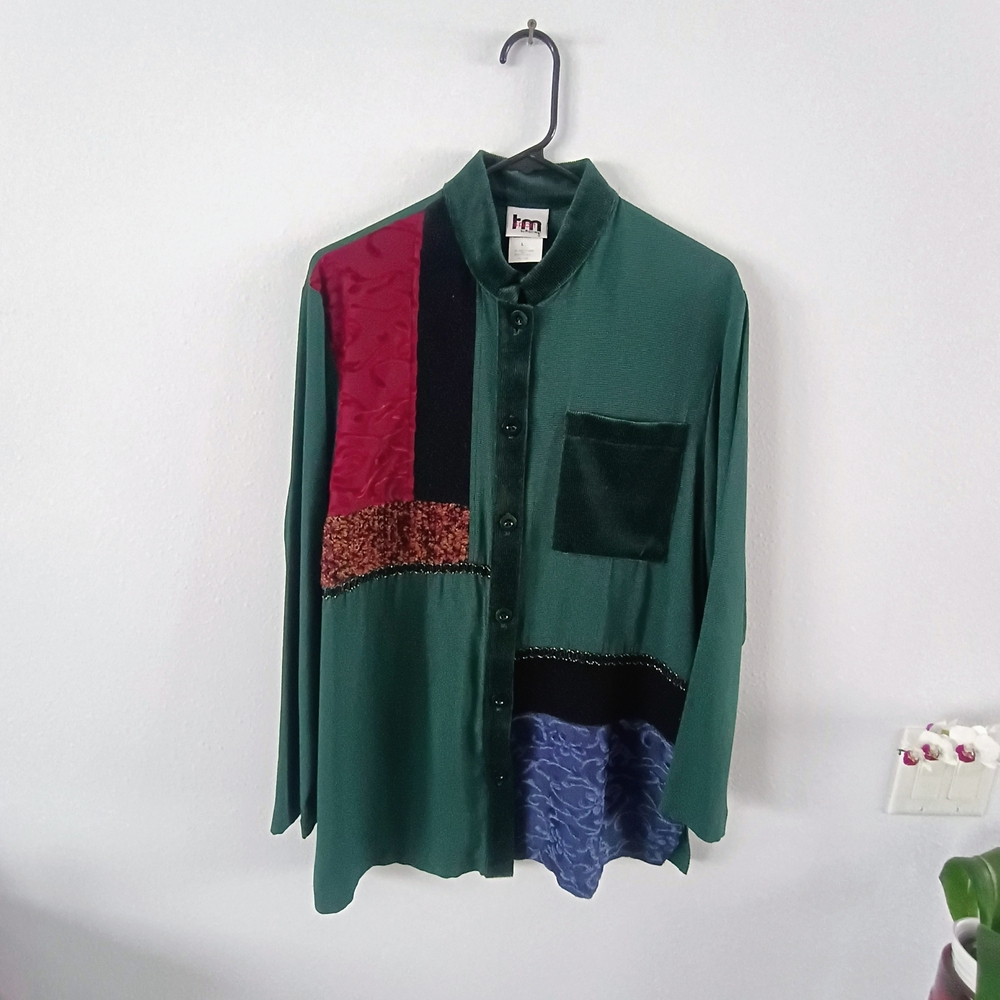 Vintage TM Sport Patchwork Colorblock Button Front Blouse USA Artsy Lagenlook